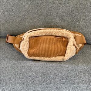 women Tan Sherpa-Trim Corduroy Belt Bag